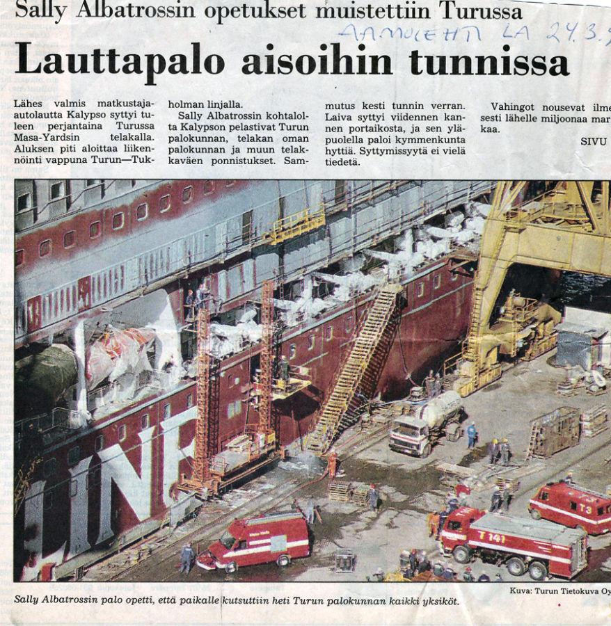 Tulipalo Kalypson rakennusvaiheessa, Turun telakalla Aamulehti 24.3.1990